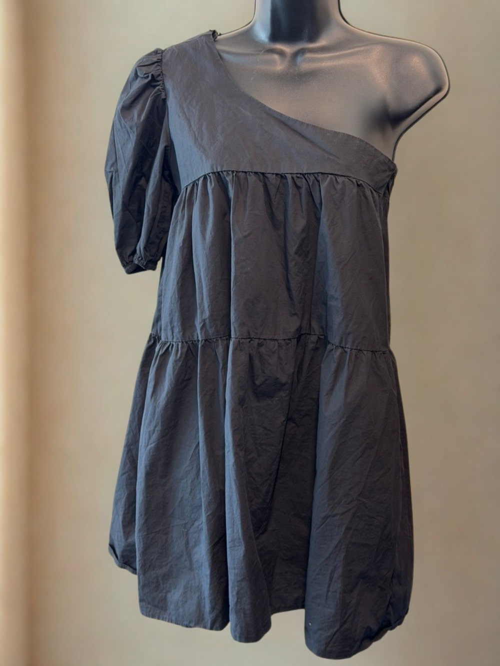Asymmetric One-Shoulder Black Mini Dress with Puff Sleeve and Pockets!